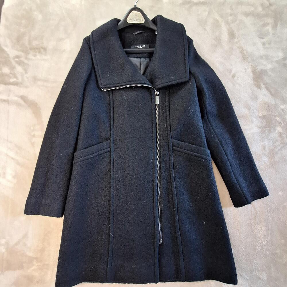 Kenneth Cole New York Coat Womens Small Black Wool Blend Zip Front Overcoat